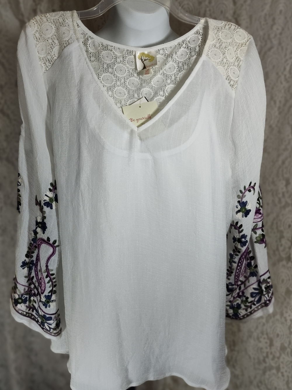 fig and flower White Peasant Tunic with Purple & Green Embroidery